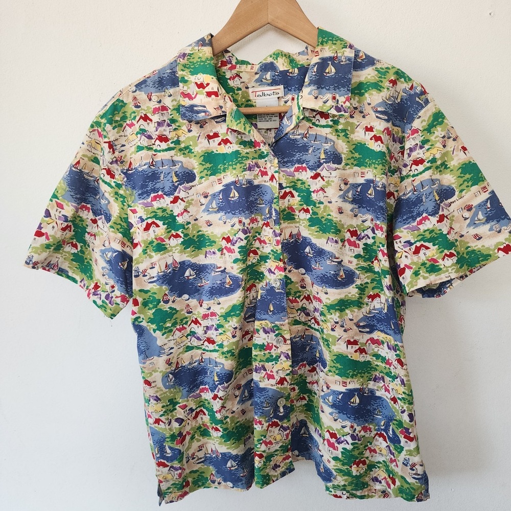 Talbots Aloha Shirt Beach Button Snap Large 100% Cotton Hawaiian Beach Scene